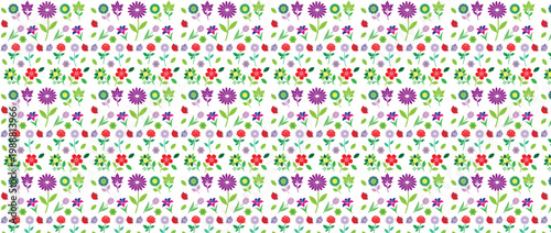 Floral seamless pattern with colorful spring flowers and ladybugs, botanical summer garden vector background, cute nature wallpaper for textile