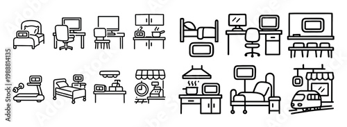 Household icons with bed and desk line art