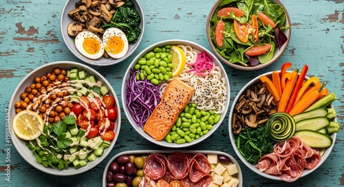 Healthy meal prep bowls with fresh vegetables eggs grains and superfoods top view