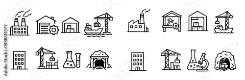 Industrial icons with crane factory flask outline