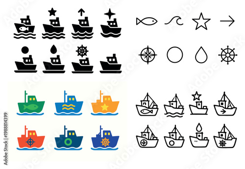 Nautical icons with boat compass helm simple flat