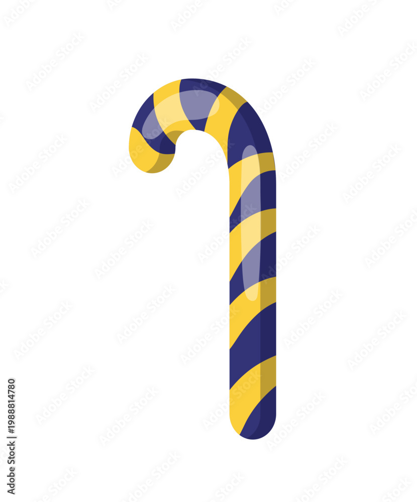 Fototapeta premium Vector illustration of a curved candy cane with yellow and purple stripes, designed for holiday decor, festive packaging, party invitations, and sweet themed graphics.