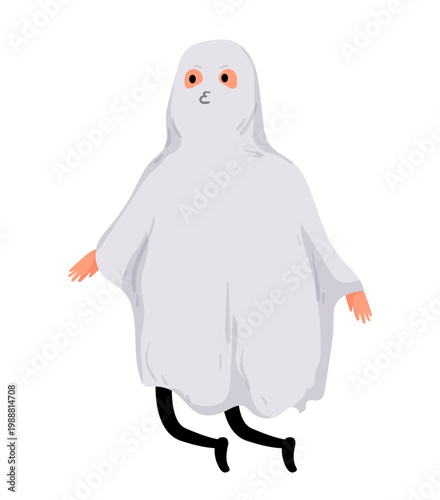 Flat vector illustration of a child in a ghost costume with visible hands and legs. Halloween character for party decor, sticker, card, or print design.