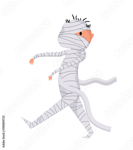 Flat vector illustration of a child dressed as a mummy with wrapped bandages. Halloween character for party decor, sticker, card, or print design.
