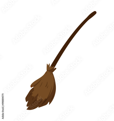 Flat vector illustration of a wooden witch broom. Halloween magic tool icon for costume decor, party design, sticker, or seasonal print.