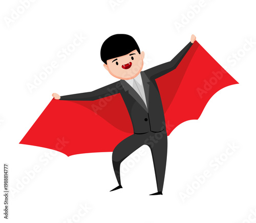 Flat vector illustration of a smiling boy in a vampire costume with red cape and fangs. Halloween character for party decor, sticker, card, or print design.