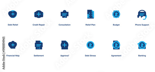 Debt relief financial help solid icon set credit repair consultation banking editable vector illustration collection