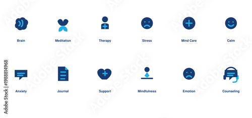 Mental health therapy solid icon set brain meditation counseling stress support editable vector illustration collection