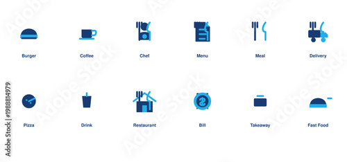 Food restaurant solid icon set burger coffee chef menu delivery editable vector illustration collection