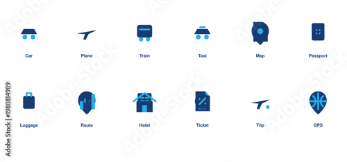 Transport travel solid icon set car plane train passport route editable vector illustration collection