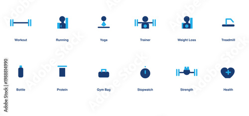 Fitness gym solid icon set workout yoga trainer treadmill health editable vector illustration collection