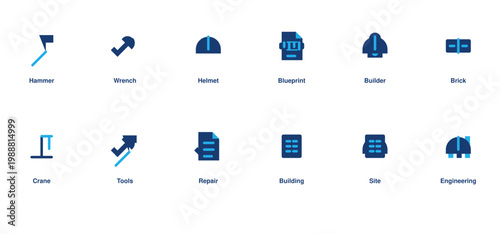 Construction tools solid icon set hammer wrench helmet blueprint repair editable vector illustration collection