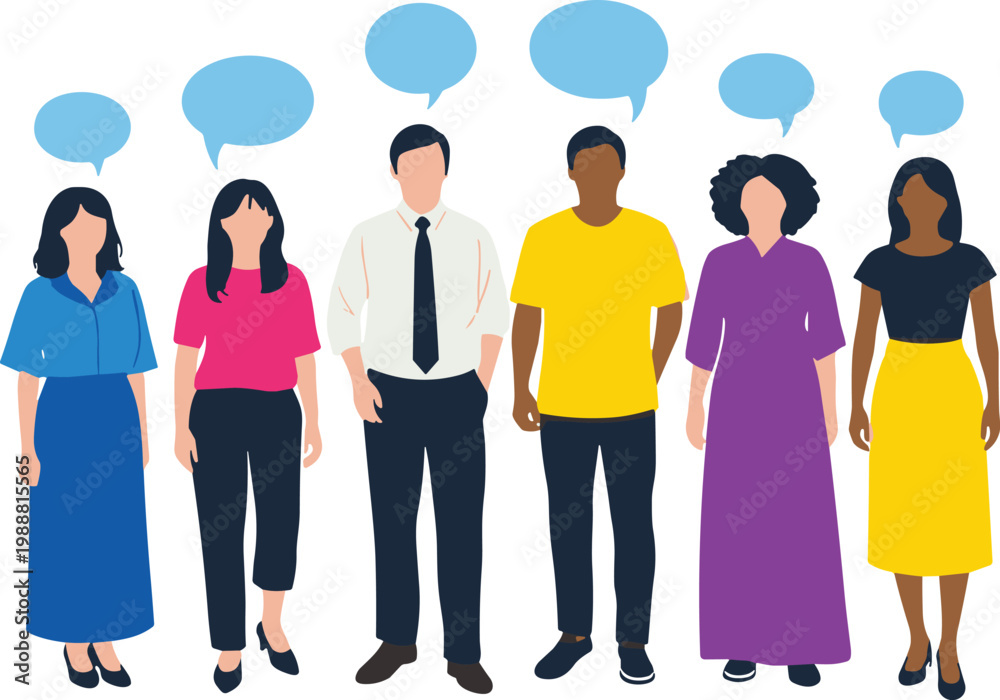 Fototapeta premium Diverse people group with speech bubbles, multicultural communication concept, flat character vector illustration representing teamwork, conversation, social interaction, and inclusion
