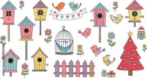 Cute birdhouses and birds collection with flowers, cage and decorative elements, whimsical vector illustration set for garden, spring, and kids design