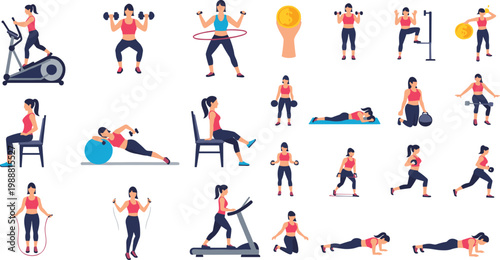 Woman fitness exercises collection with gym workouts, cardio, strength training and home workout activities, healthy lifestyle vector illustration set for sport design