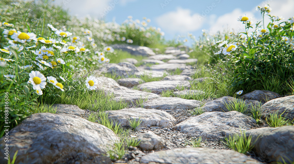 Obraz premium Serene cobblestone pathway winds gently upward through vibrant wildflowers under a bright blue sky with soft white clouds on a beautiful sunny day outdoors.