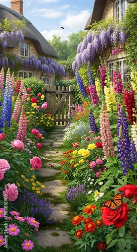 Charming stone path through a vibrant cottage garden bursting with colorful flowers