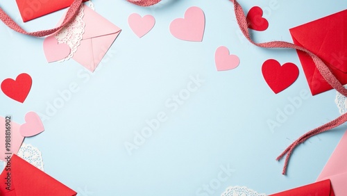 Red and pink hearts float on light blue background. Paper envelopes decorate the scene with lace trim. Ribbons curl around the edges in festive style
