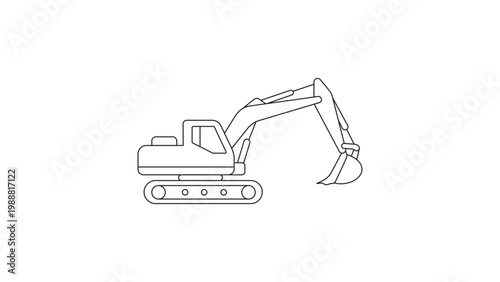 Foto Excavator minimalist black line vector icon illustration on a white background, representing a side view of a hydraulic digger for construction, industrial, and building projects, scalable SVG