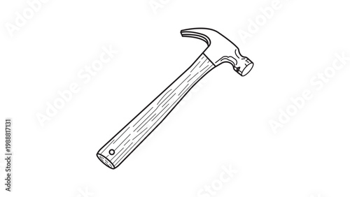 Hand-drawn black line vector illustration of a classic claw hammer with a wood grain handle, minimalist tool icon for carpentry, construction, DIY repair, and hardware design on white background