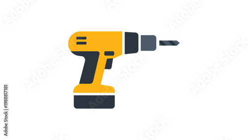 Modern flat vector icon of a cordless electric power drill, yellow and black handheld tool illustration for construction, DIY home improvement, maintenance, and repair work on a white background.