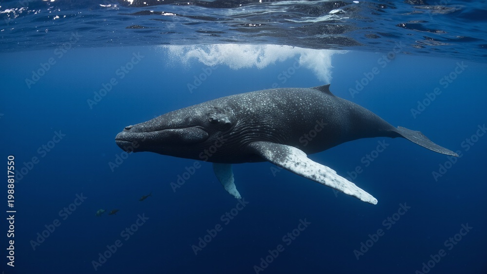 Obraz premium Huge whale glides through deep blue water. Its white flippers contrast against dark body. Bubbles rise near the surface above. Whale moves calmly, undisturbed by surroundings