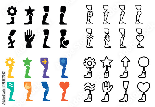 Prosthetic icons with leg hand heart colorful