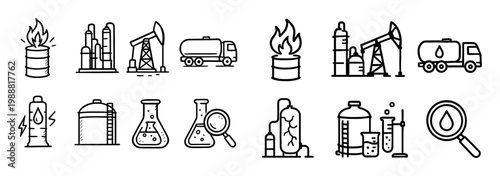 Industry icons with refinery pumpjack tanker minimal