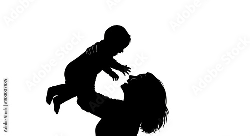 A silhouette of a man holding a baby in the air against a white background