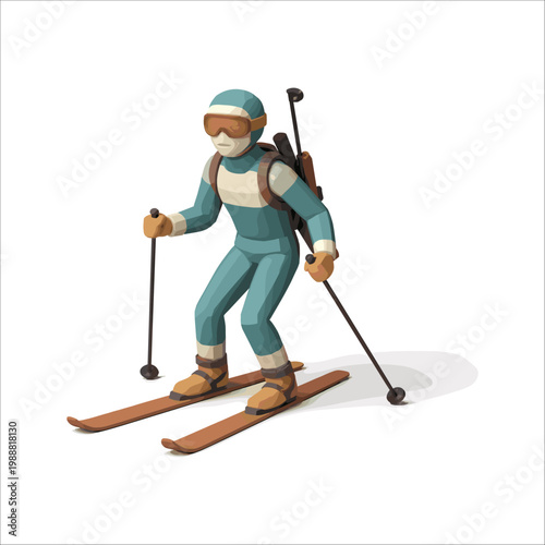Low Poly Biathlete Cross-Country Skiing with Rifle, Geometric Style Winter Biathlon Athlete Illustration