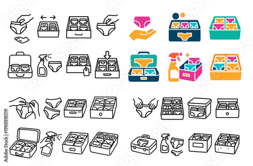 Clothing icons with briefs box spray colorful