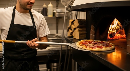 Chef uses peel to place pizza into wood-fired oven with blazing flames