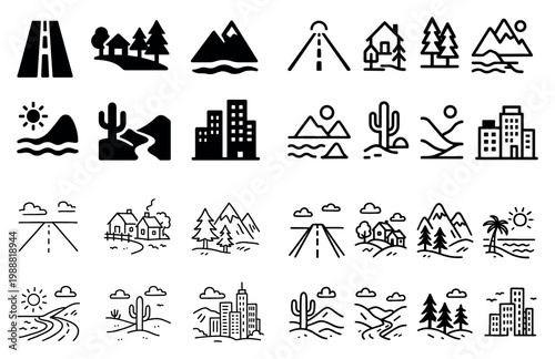 Travel icons with road mountain city bold