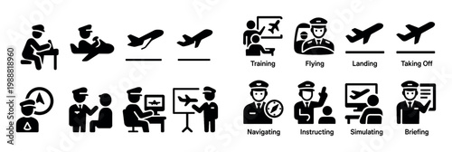 Aviation icons with pilot plane briefing minimal silhouette