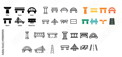 Infrastructure icons with arch pillar beam outline