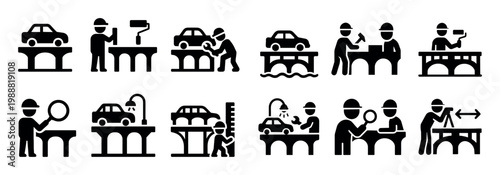 Automotive icons with car mechanic lift minimal