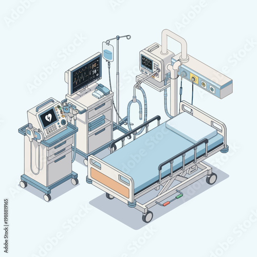 Modern Hospital Intensive Care Unit Equipment and Bed Illustration.