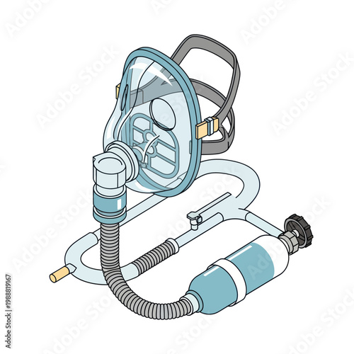 Medical breathing apparatus with oxygen tank and mask.