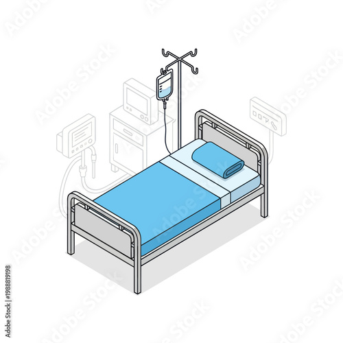 Hospital Bed with IV Drip and Medical Equipment Illustration.