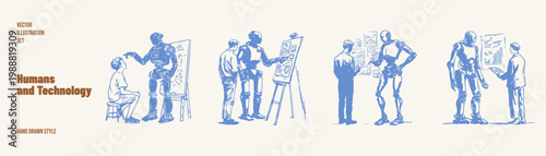 Robots teaching humans collaboration analytics digital workflow scenes. Illustrations for education and business innovation. Hand drawn pencil style with clean minimal contours.