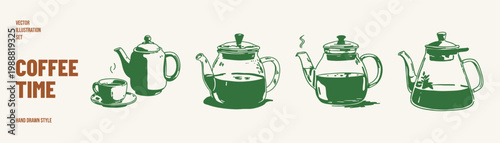Teapots brewing hot drink kitchen utensils beverage collection. Illustrations for packaging and kitchen branding. Hand drawn pencil style with organic textured lines.