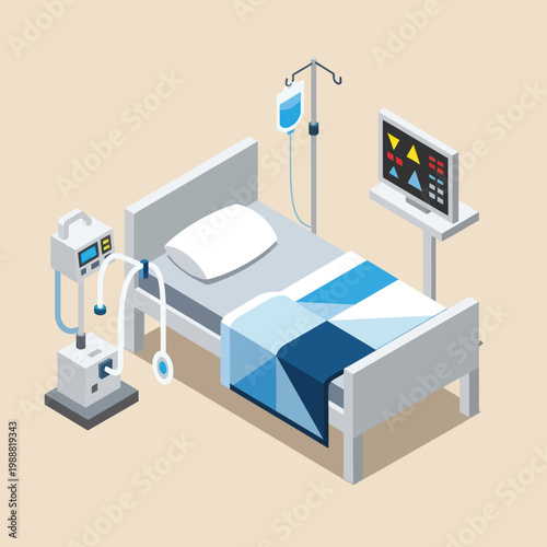 Hospital Room Bed with Medical Equipment and Monitor.
