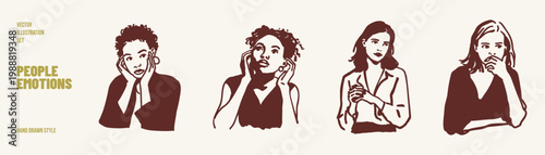 Thoughtful women surprised curious emotions expressive face gestures. Illustrations for avatars and social media content. Crayon drawn sketch style with minimal detailed lines.