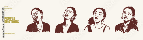 Expressive women shouting speaking strong emotions communication gestures. Illustrations for social media and character design. Crayon drawn pencil style with bold dynamic strokes.