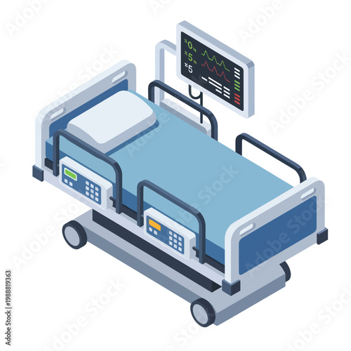 Modern Hospital Bed with Medical Monitor Equipment.