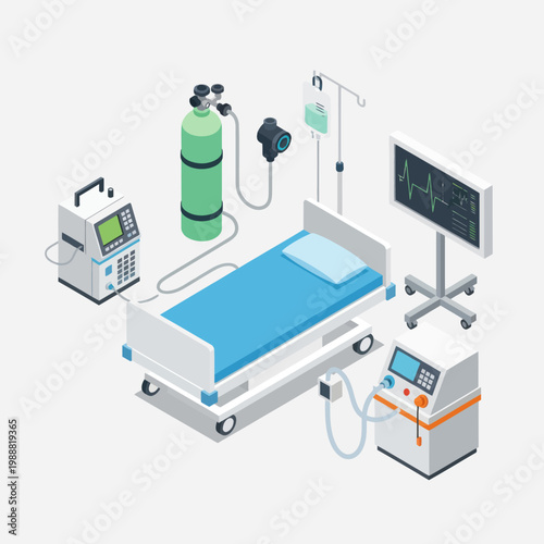 Hospital Room Equipment Medical Bed and Monitoring Devices.