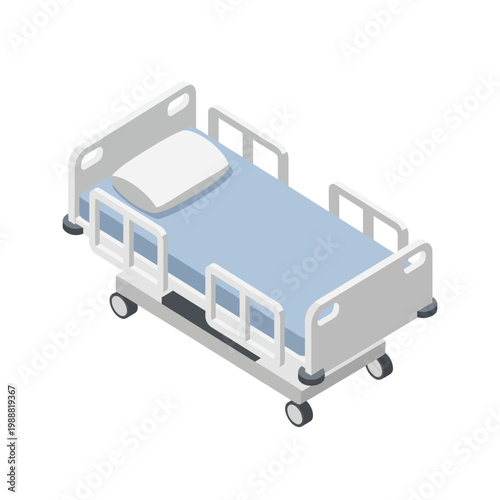 Isometric Hospital Bed with Pillow and Blue Mattress.