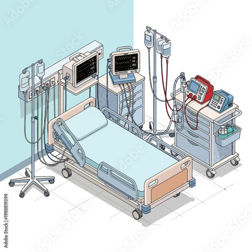 Intensive Care Unit Medical Equipment and Hospital Bed Illustration.