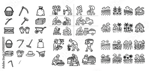 Farming icons with farmer basket sack outline