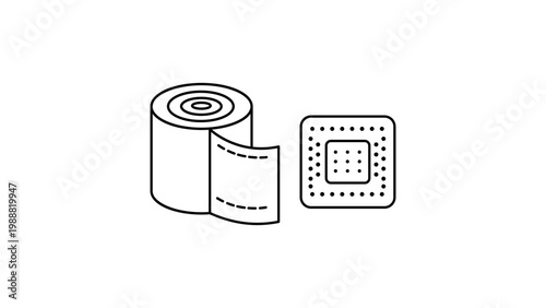 Minimalist black line vector icon illustration of a medical bandage roll and adhesive plaster patch on a white background, perfect for first aid, healthcare, injury treatment, and wound care.